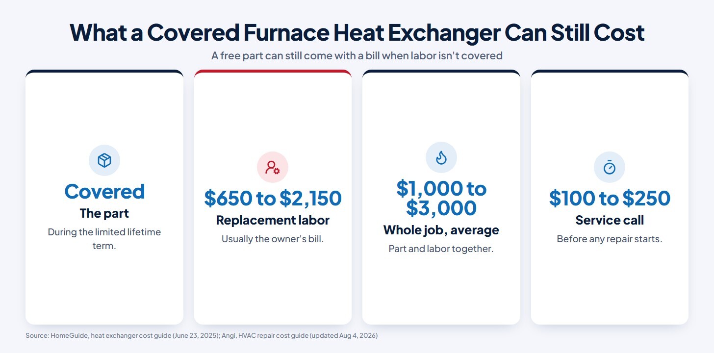 Chart of what a covered furnace heat exchanger can still cost: the part is covered, labor runs $650 to $2,150, the whole job averages $1,000 to $3,000, and a service call is $100 to $250