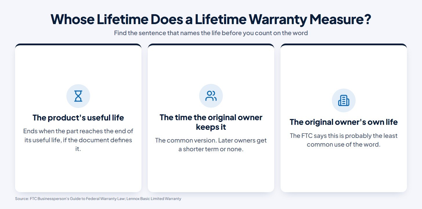 Chart of the three lives a lifetime warranty can measure: the product's useful life, the time the original owner keeps it, or, less often, the original owner's own life