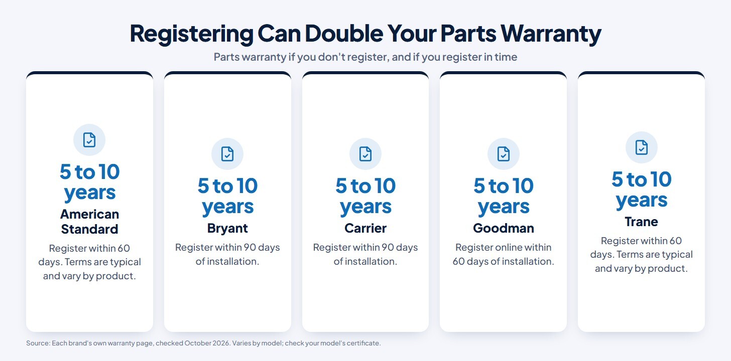 Chart of parts warranty terms by brand: American Standard, Bryant, Carrier, Goodman, and Trane each go from 5 years to 10 years with registration; the deadline is 60 days for American Standard, Goodman, and Trane and 90 days for Bryant and Carrier