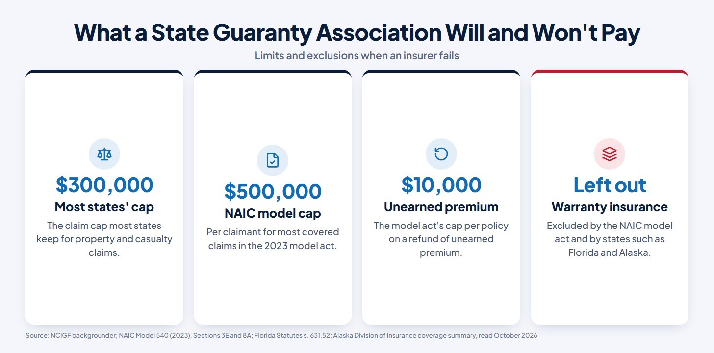 Chart of what a state guaranty association will and won't pay: most states cap property and casualty claims at $300,000; the 2023 NAIC model act caps most covered claims at $500,000 per claimant and refunds of unearned premium at $10,000 per policy; and insurance of warranties and service contracts is left out by the NAIC model act and by states such as Florida and Alaska