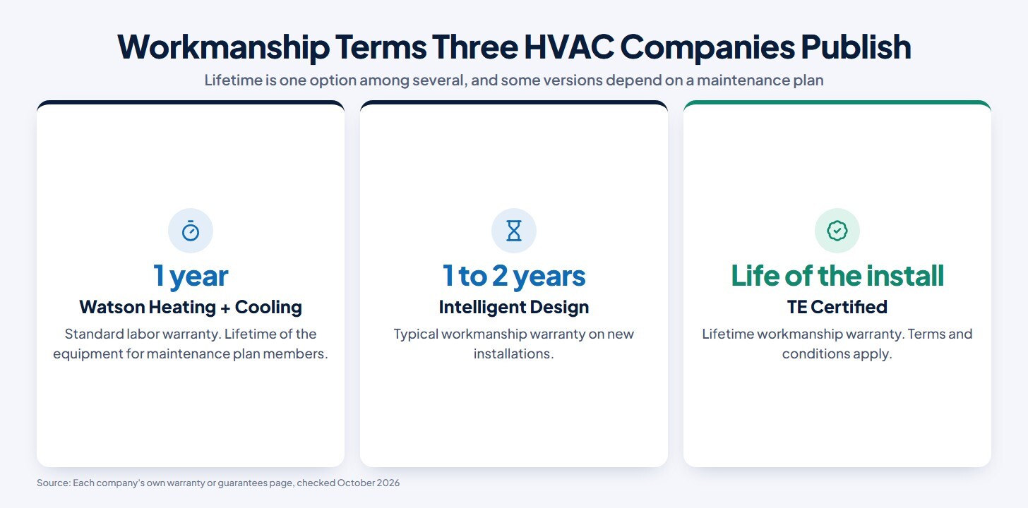 Chart of workmanship terms three HVAC companies publish: Watson Heating + Cooling, 1 year standard labor warranty and the lifetime of the equipment for maintenance plan members; Intelligent Design, 1 to 2 years typical on new installations; TE Certified, a lifetime workmanship warranty for the life of the installation, with terms and conditions