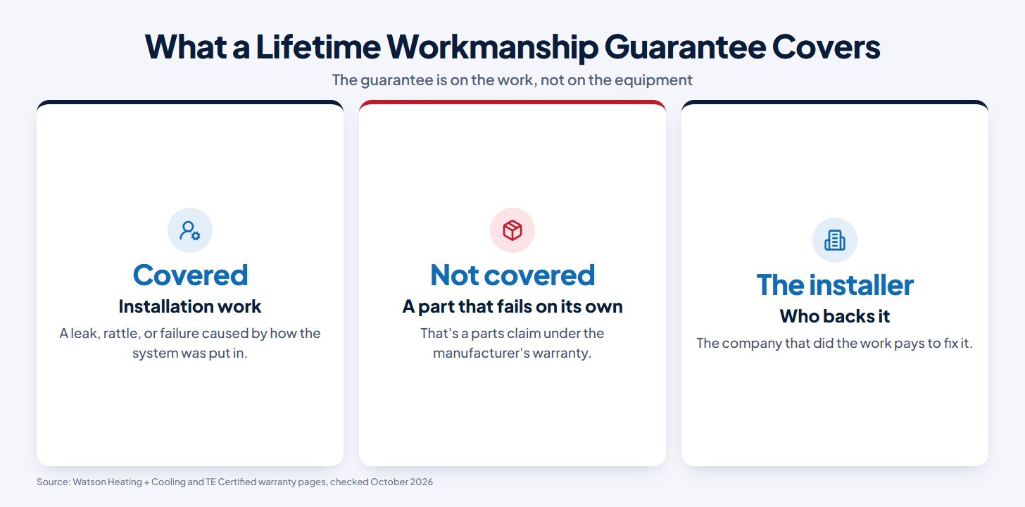 Chart of what a lifetime workmanship guarantee covers: installation work is covered, a part that fails on its own is not covered and is a parts claim under the manufacturer's warranty, and the installer who did the work is the one who backs it