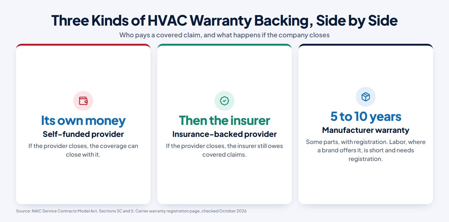 Chart of three kinds of HVAC warranty backing side by side: a self-funded provider pays from its own money and its coverage can close with it; an insurance-backed provider is followed by its insurer, which still owes covered claims if the provider closes; a manufacturer warranty covers some parts for 5 to 10 years, with registration, and labor, where a brand offers it, is short and needs registration
