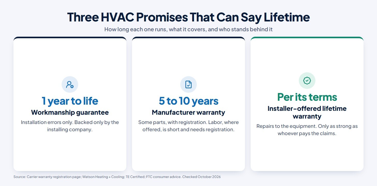 Chart comparing three HVAC promises that can say lifetime: a workmanship guarantee runs from 1 year to life and covers installation errors only, backed only by the installing company; a manufacturer warranty runs 5 to 10 years on some parts with registration, with labor, where a brand offers it, short and tied to registration; an installer-offered lifetime warranty runs per its terms and is only as strong as whoever pays the claims