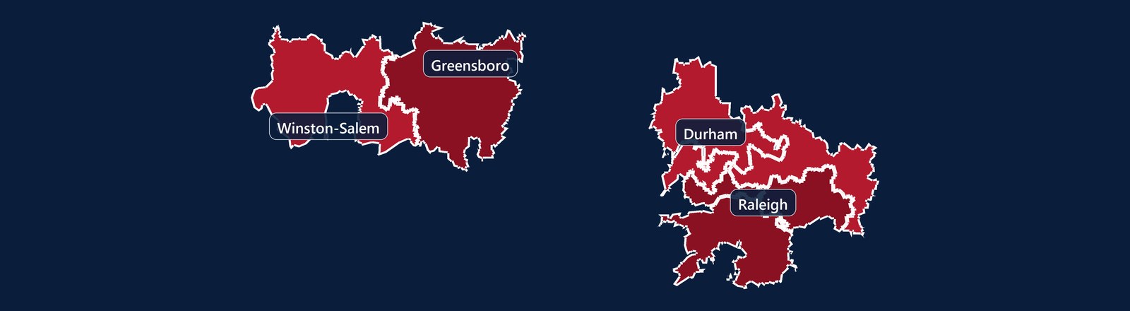 Map of the six open North Carolina territories around Winston-Salem, Greensboro, Durham, and Raleigh