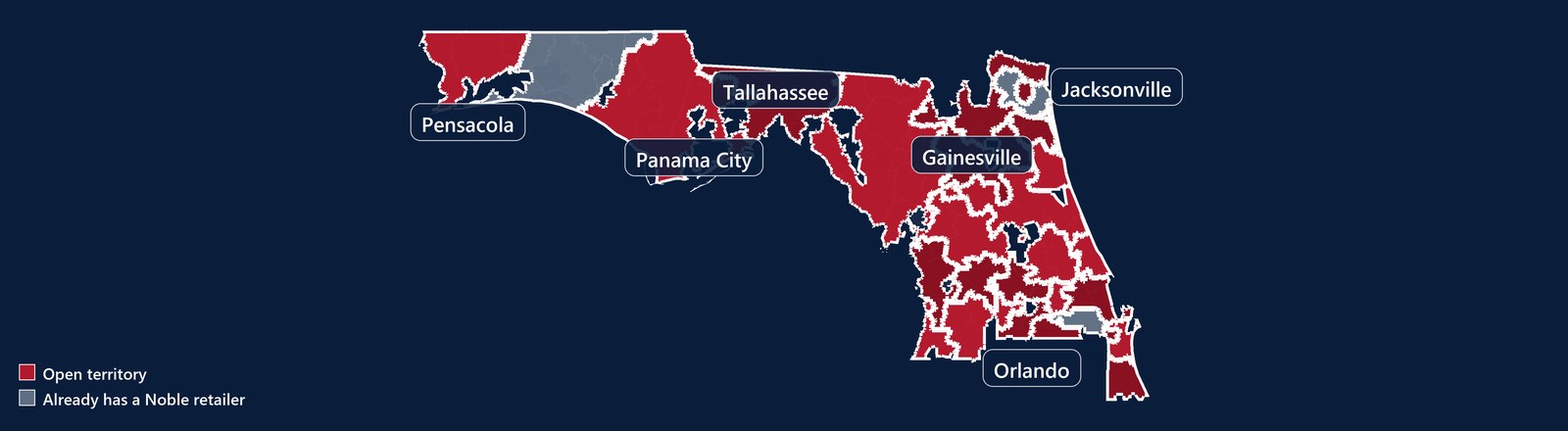 Map of the North Florida territories from Pensacola to Orlando. Red territories are open, and gray territories already have a Noble retailer.